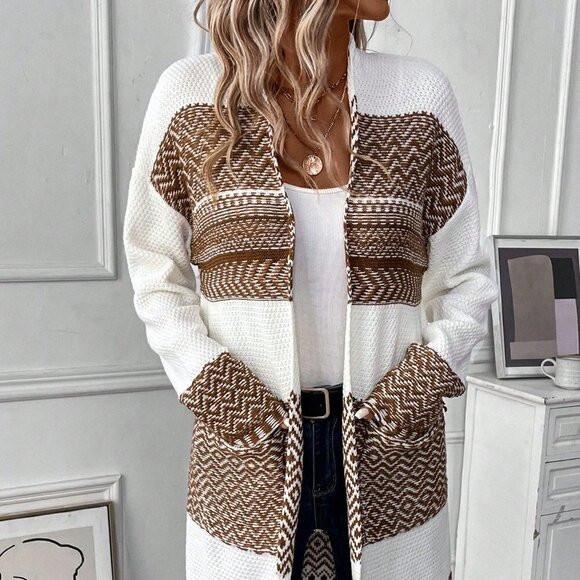 Multicolor Casual Womens Chevron Drop Shoulder Pocket Patched Duster Cardigan - Picture 2 of 5